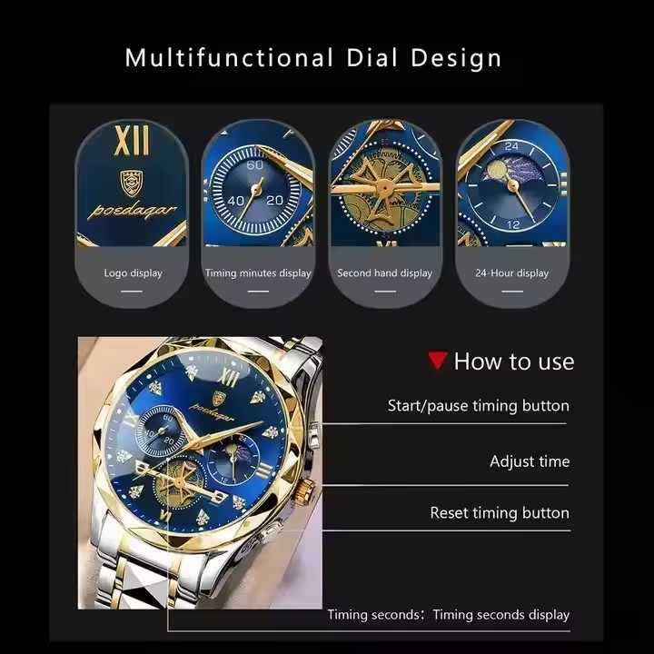 POEDAGAR Luxury Chronograph Men’s Watch – Stainless Steel & Waterproof