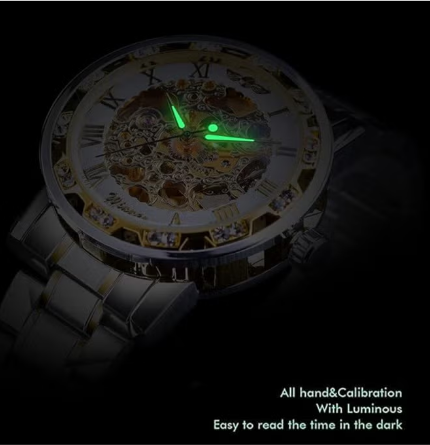 Golden Skeleton Men’s Mechanical Watch – Luminous Hands, Stainless Steel Luxury Timepiece