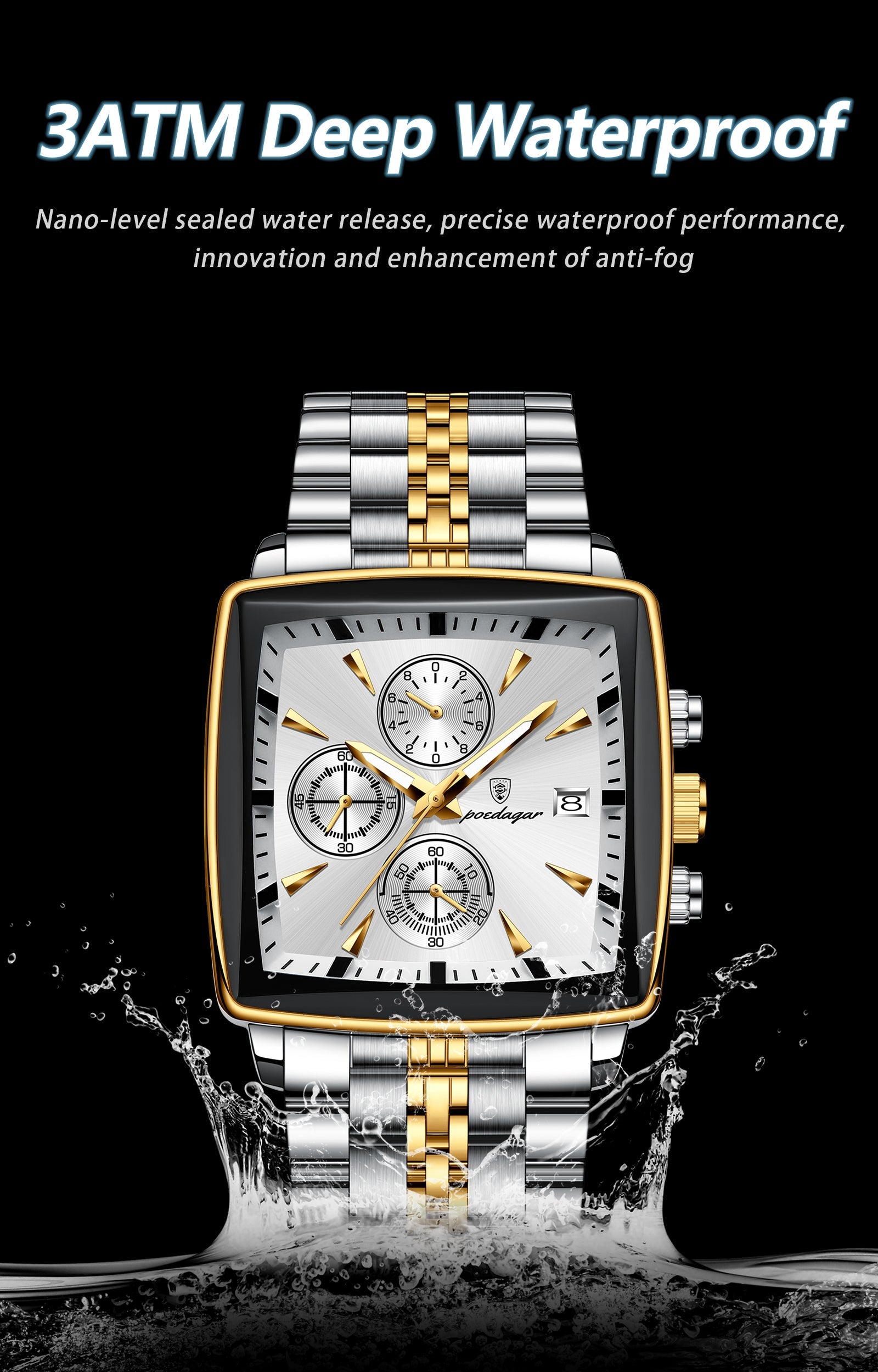POEDAGAR Original Square Quartz Watch – Stainless Steel Waterproof