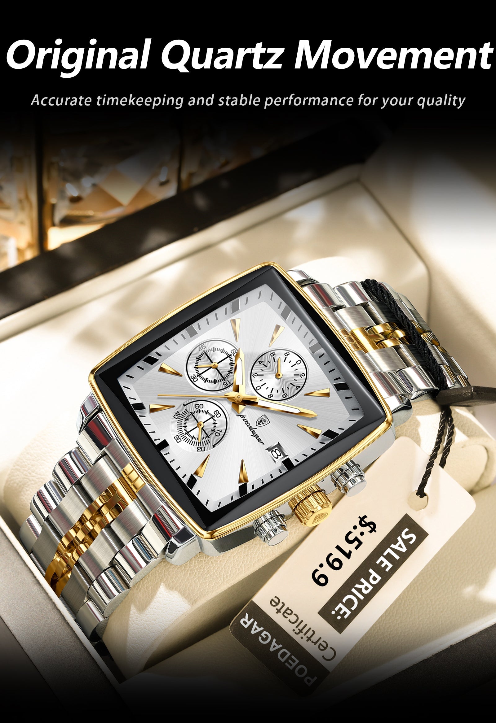 POEDAGAR Original Square Quartz Watch – Stainless Steel Waterproof