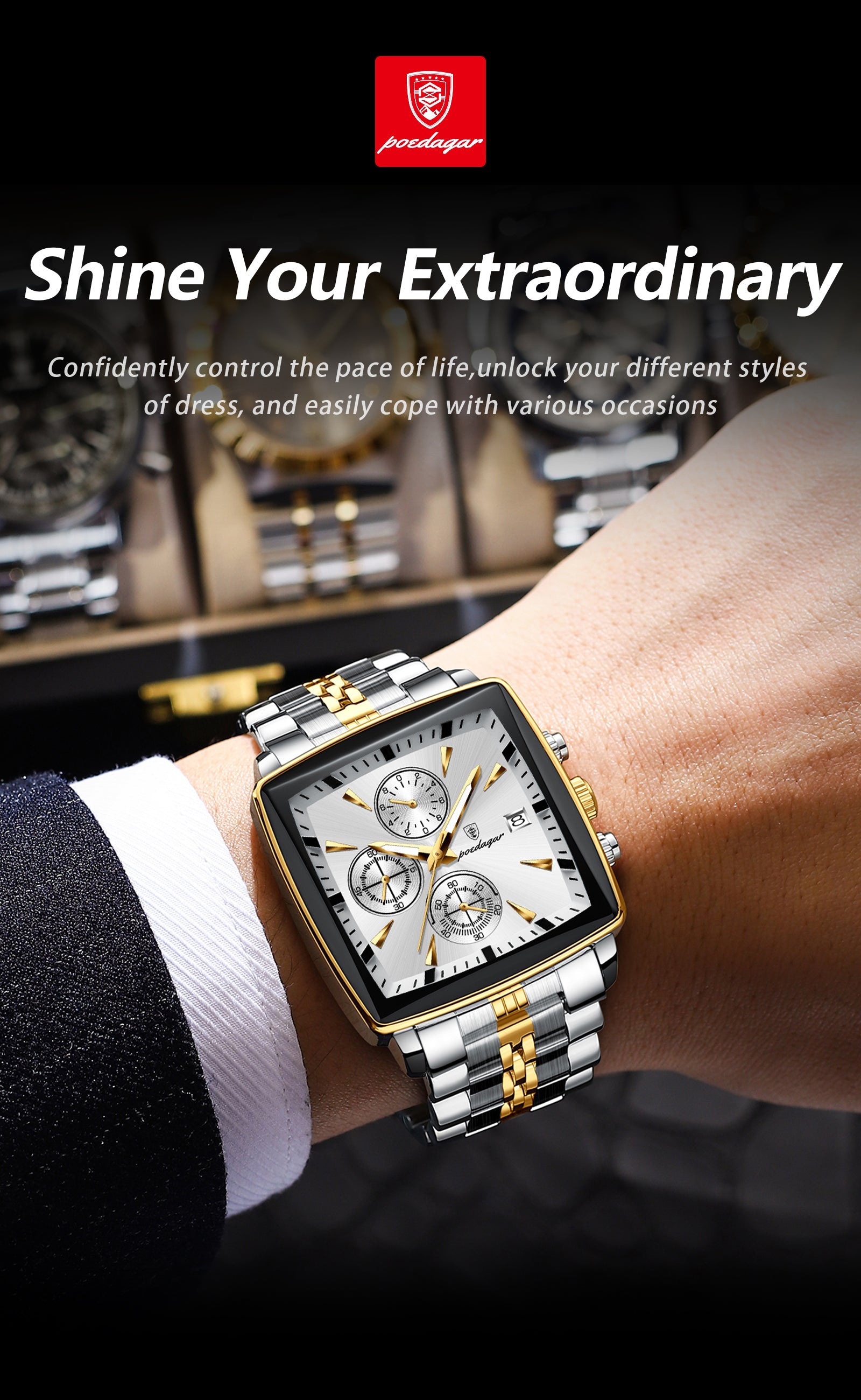 POEDAGAR Original Square Quartz Watch – Stainless Steel Waterproof