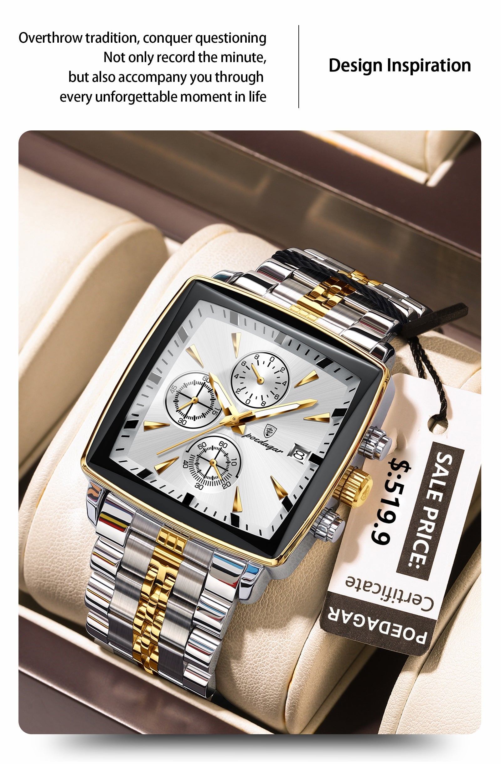 POEDAGAR Original Square Quartz Watch – Stainless Steel Waterproof