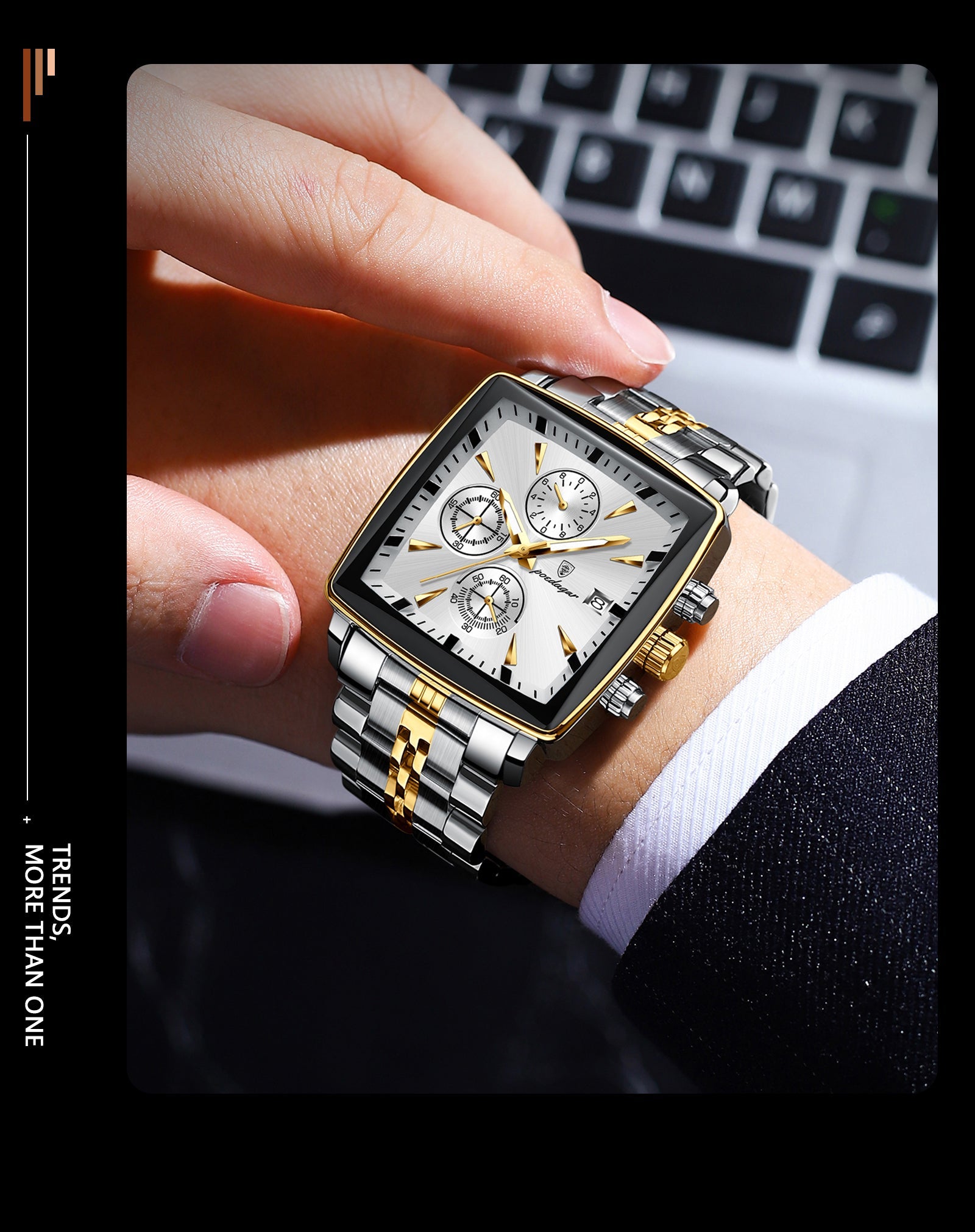 POEDAGAR Original Square Quartz Watch – Stainless Steel Waterproof