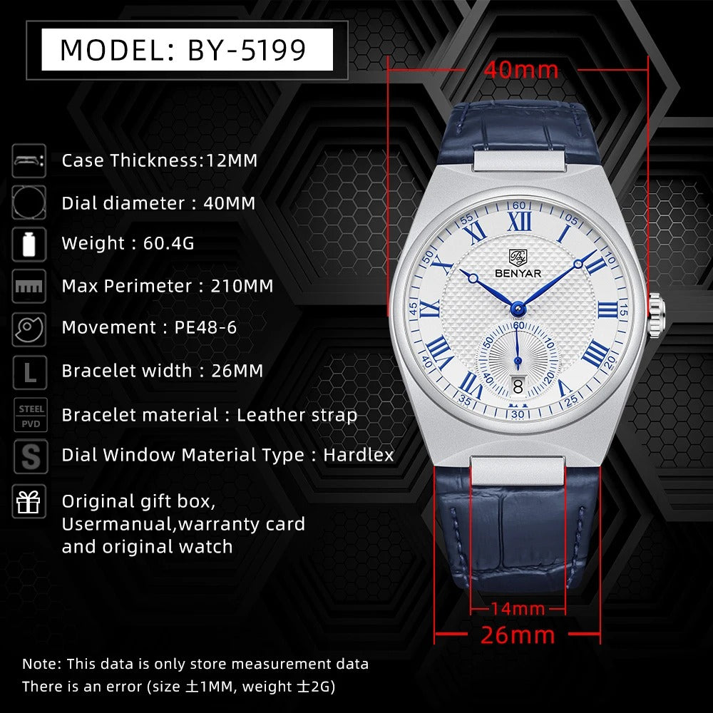 BENYAR Men’s Luxury Quartz Watch – Waterproof Leather Business Timepiece