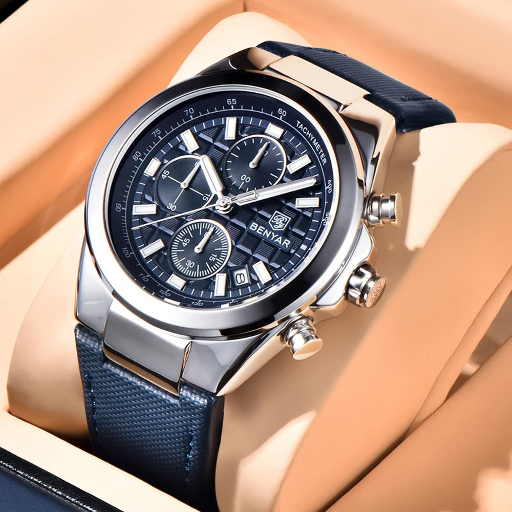 Luxury Men’s Chronograph Watch – Genuine Leather & Waterproof