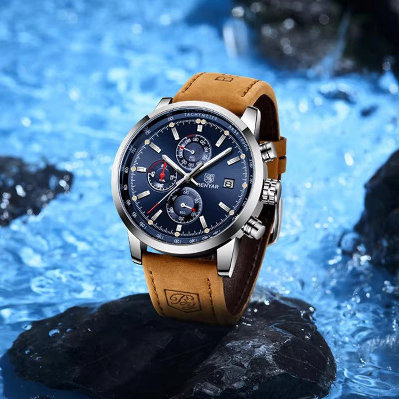 Elegant Men’s Quartz Watch – Blue Dial, Date Display, Faux Leather