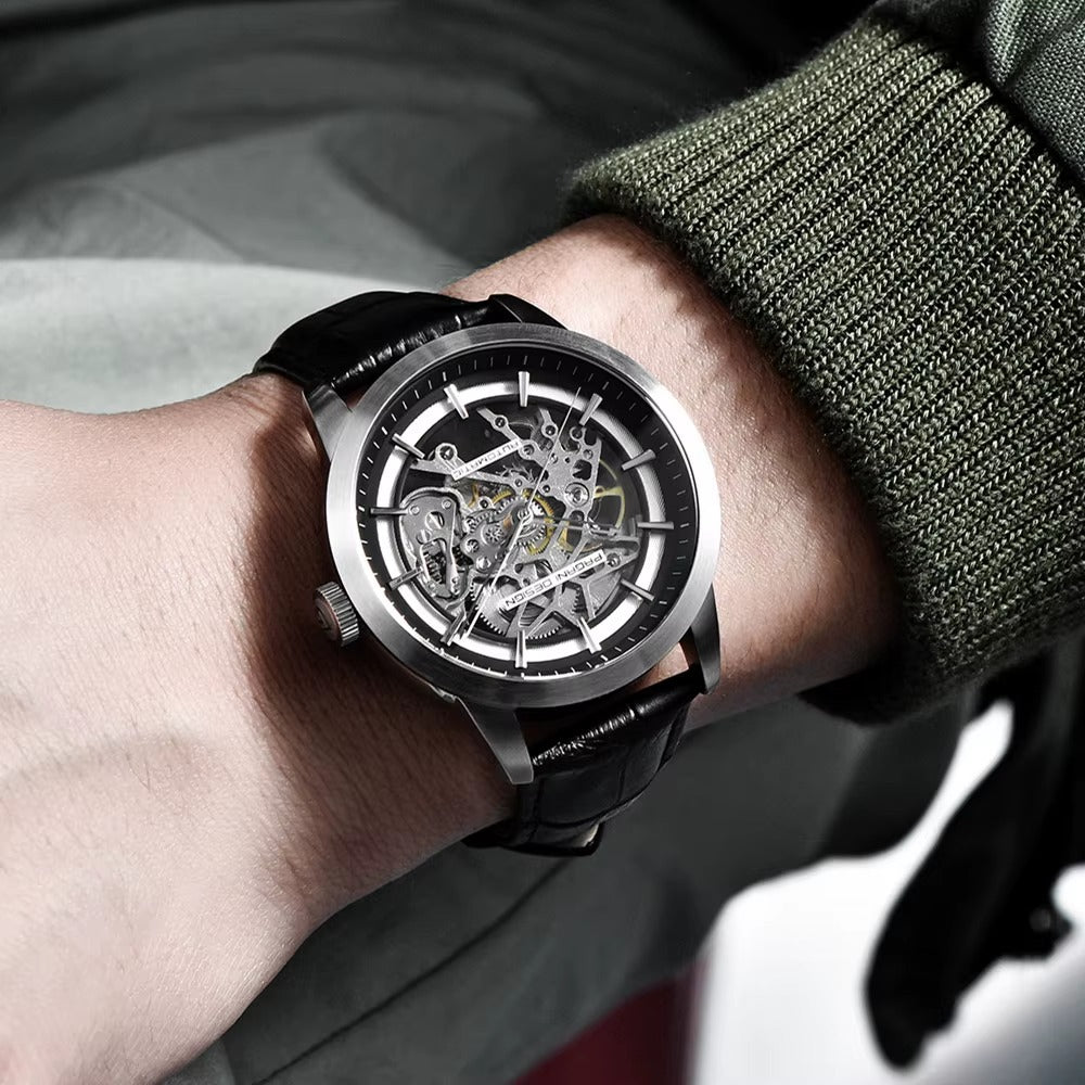 Pagani Design Automatic Skeleton Watch – Blue & Gold, Leather Strap