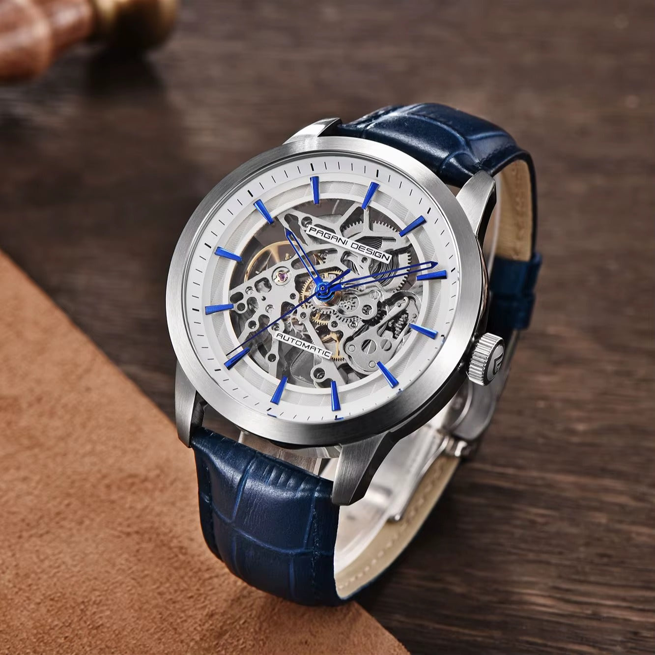 Pagani Design Automatic Skeleton Watch – Blue & Gold, Leather Strap