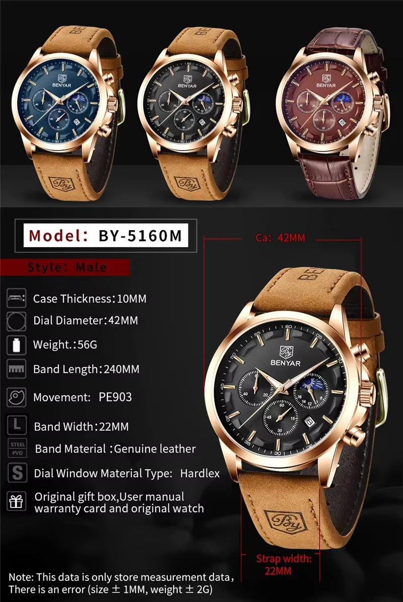 BENYAR Men’s Waterproof Chronograph – Premium Leather Strap Watch