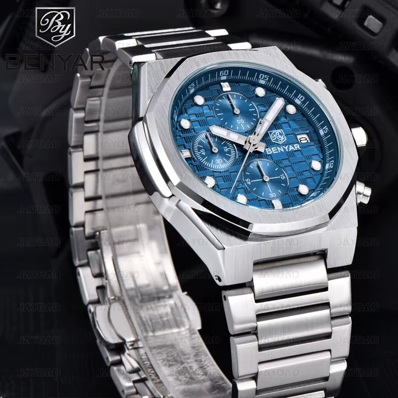 BENYAR Luxury Chronograph – Blue Dial, Stainless Steel Watch