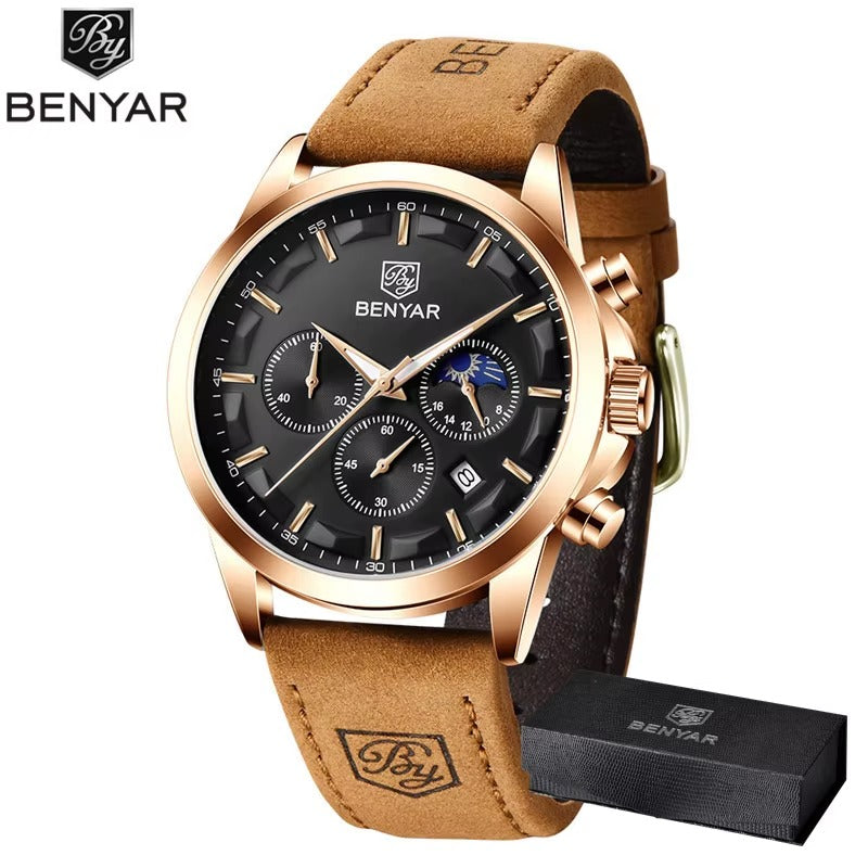 BENYAR Men’s Waterproof Chronograph – Premium Leather Strap Watch