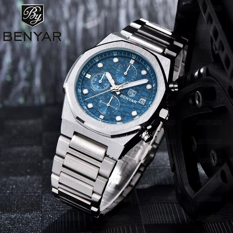 BENYAR Luxury Chronograph – Blue Dial, Stainless Steel Watch