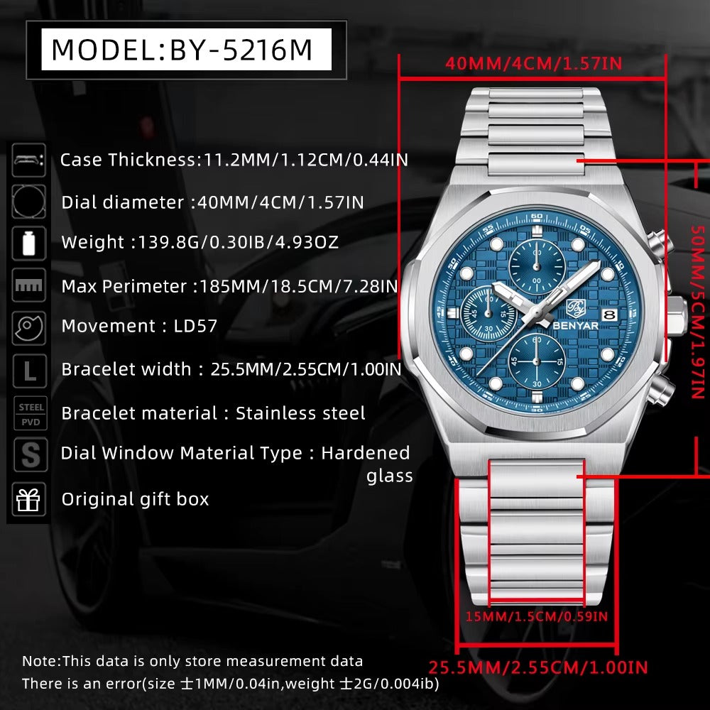 BENYAR Luxury Chronograph – Blue Dial, Stainless Steel Watch