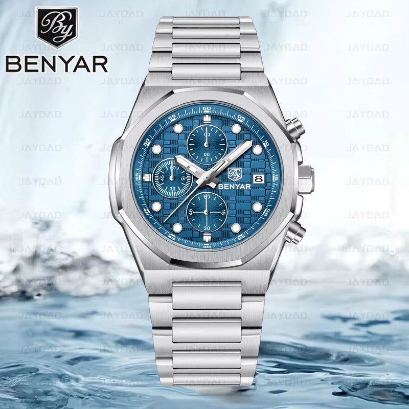 BENYAR Luxury Chronograph – Blue Dial, Stainless Steel Watch
