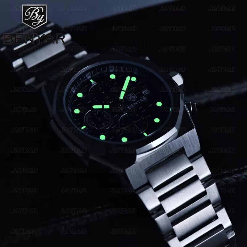 BENYAR Luxury Chronograph – Blue Dial, Stainless Steel Watch