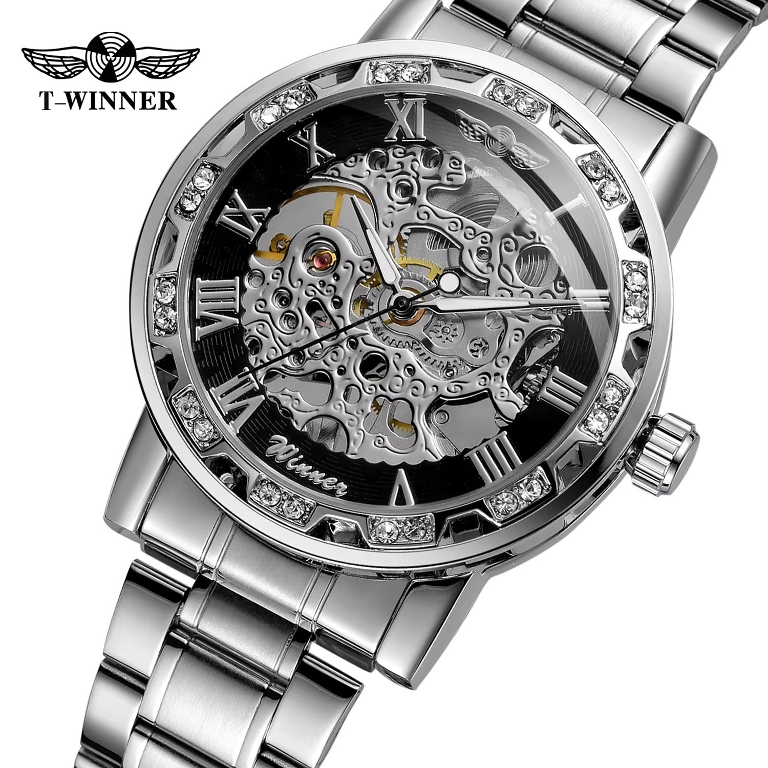 Golden Skeleton Men’s Mechanical Watch – Luminous Hands, Stainless Steel Luxury Timepiece