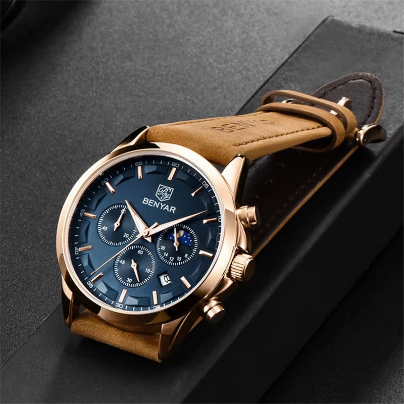 BENYAR Men’s Waterproof Chronograph – Premium Leather Strap Watch