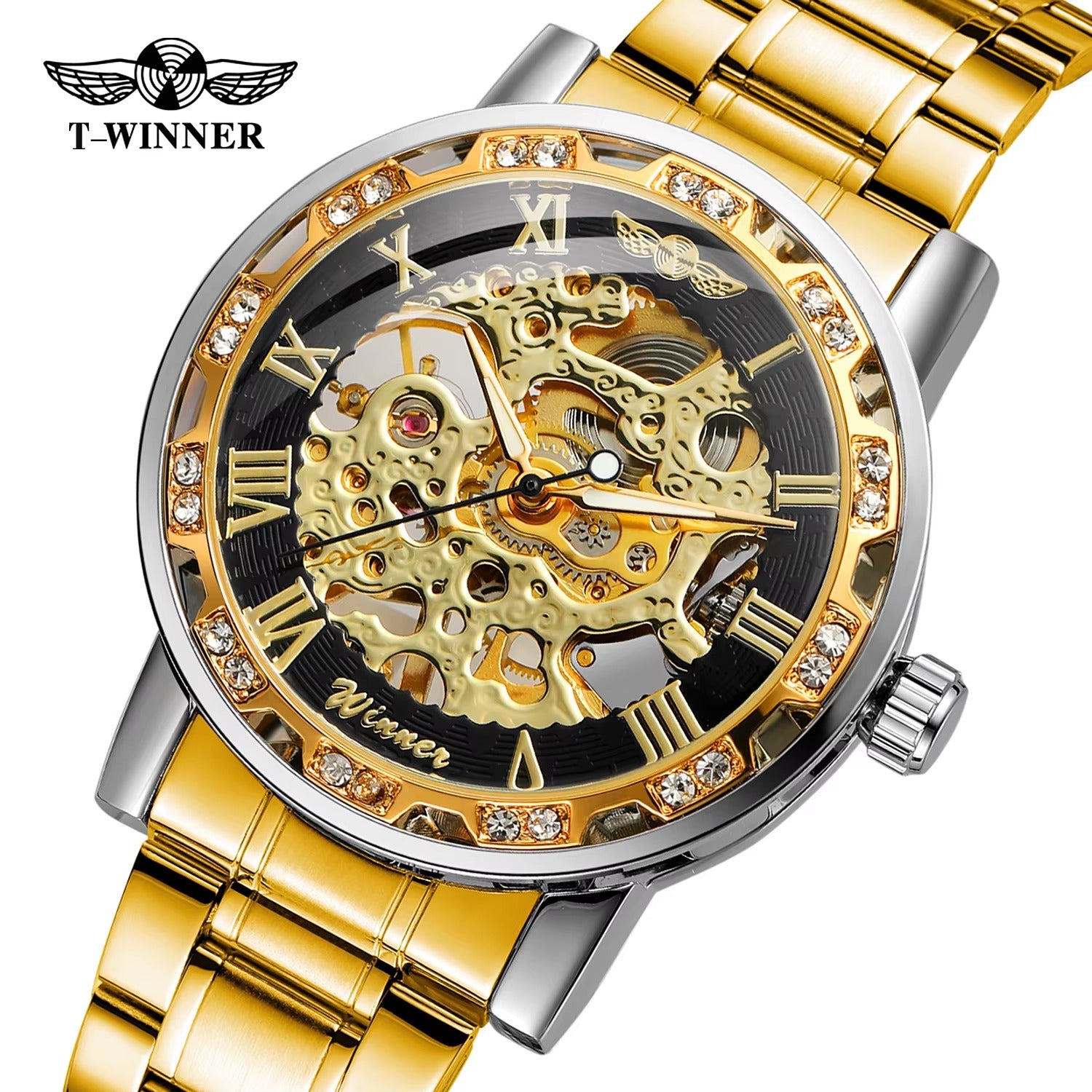 Golden Skeleton Men’s Mechanical Watch – Luminous Hands, Stainless Steel Luxury Timepiece