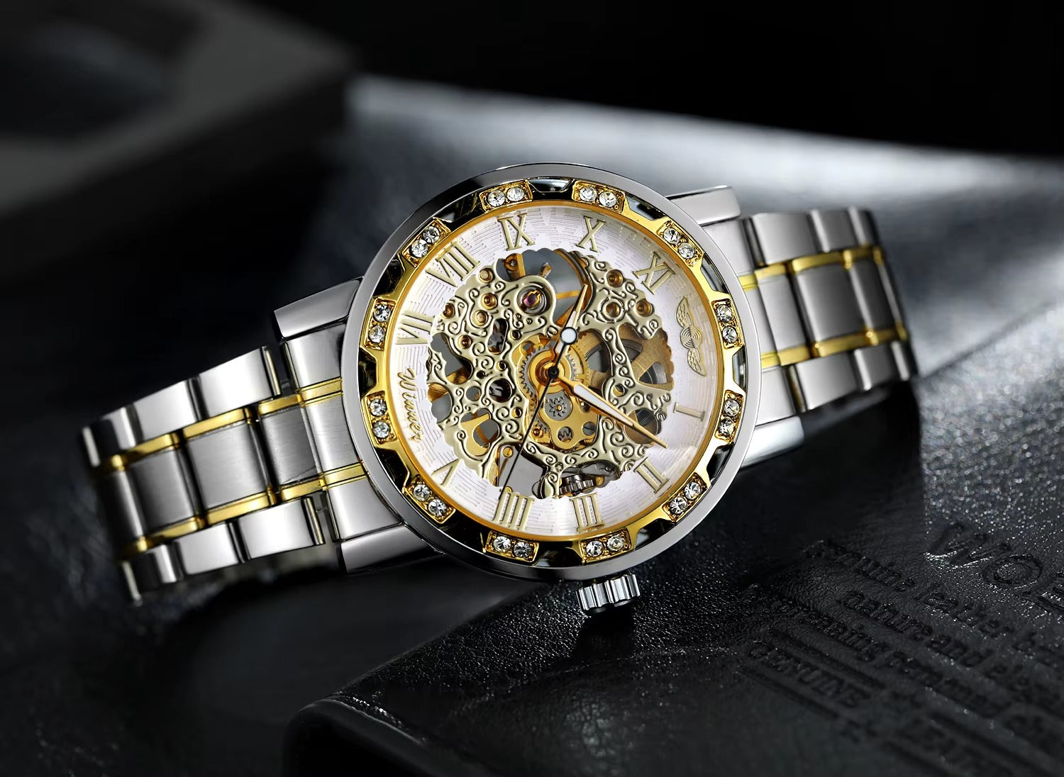 Golden Skeleton Men’s Mechanical Watch – Luminous Hands, Stainless Steel Luxury Timepiece