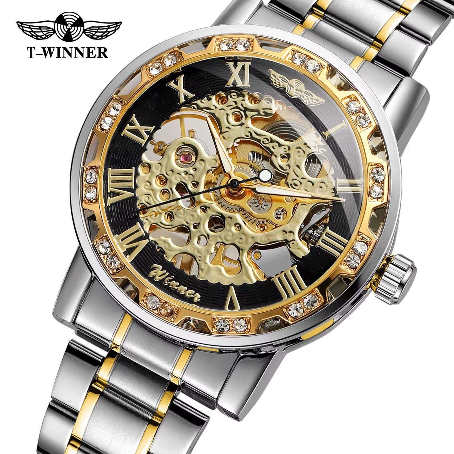 Golden Skeleton Men’s Mechanical Watch – Luminous Hands, Stainless Steel Luxury Timepiece
