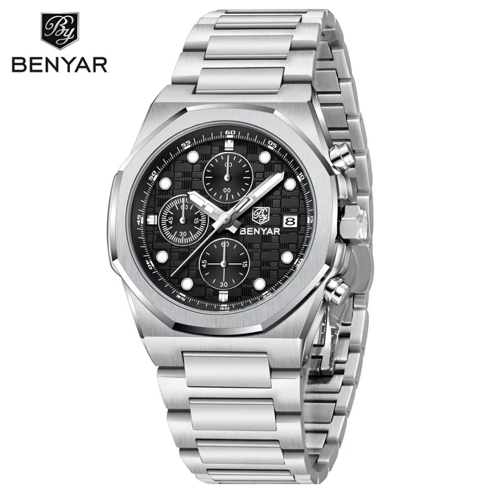 BENYAR Luxury Chronograph – Blue Dial, Stainless Steel Watch