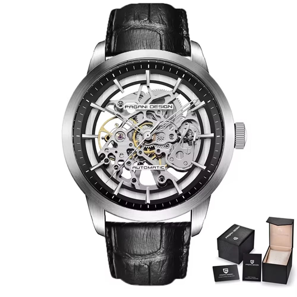 Pagani Design Automatic Skeleton Watch – Blue & Gold, Leather Strap