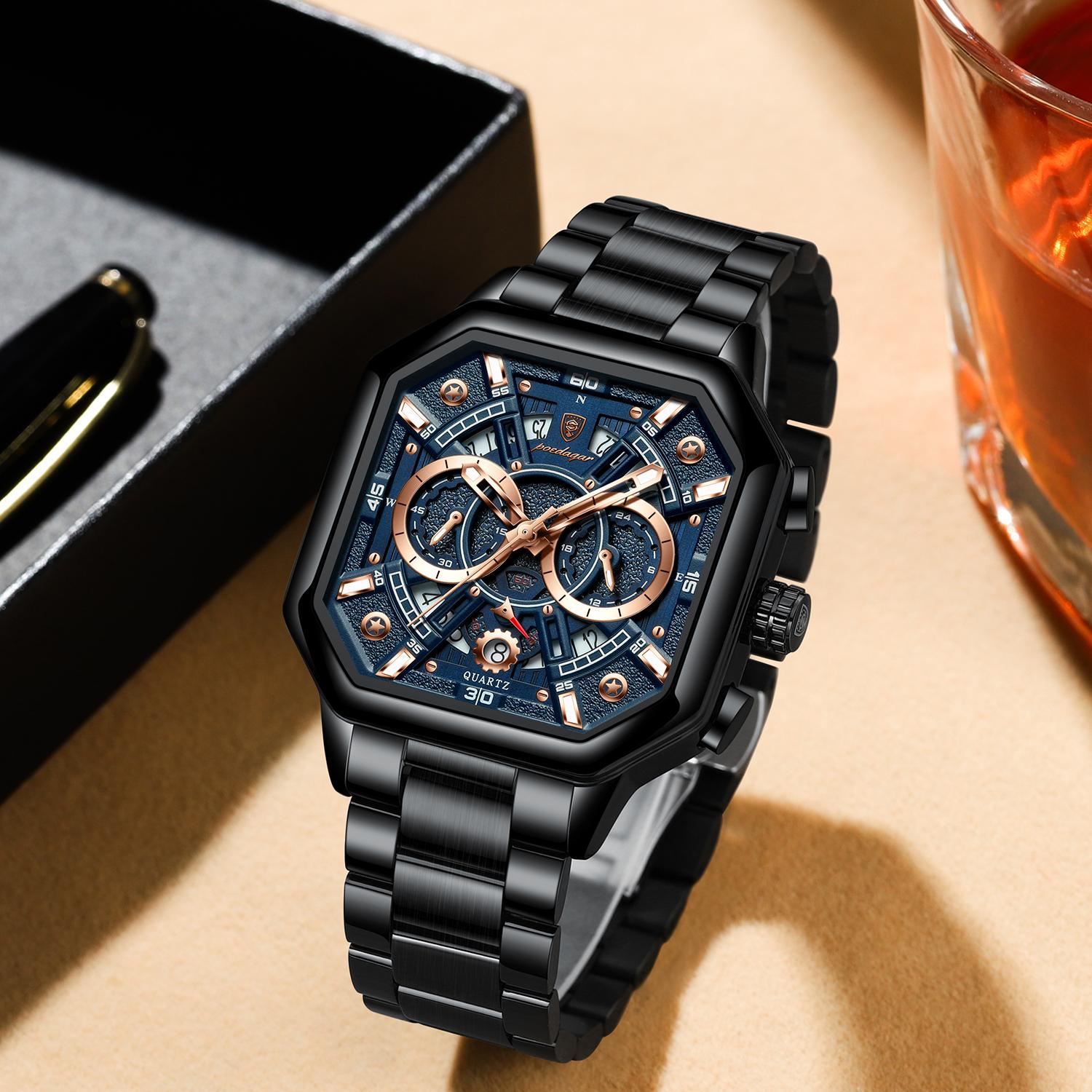 POEDAGAR Men’s Luxury Watch – Chronograph Stainless Steel with Gift Box