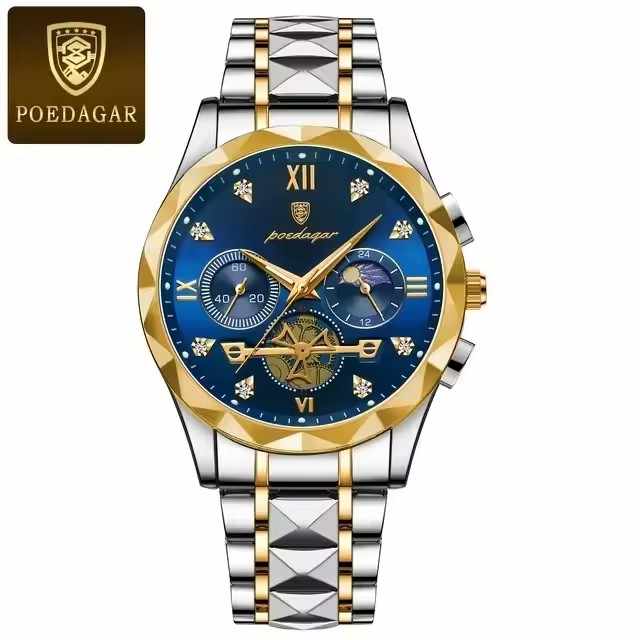 POEDAGAR Luxury Chronograph Men’s Watch – Stainless Steel & Waterproof