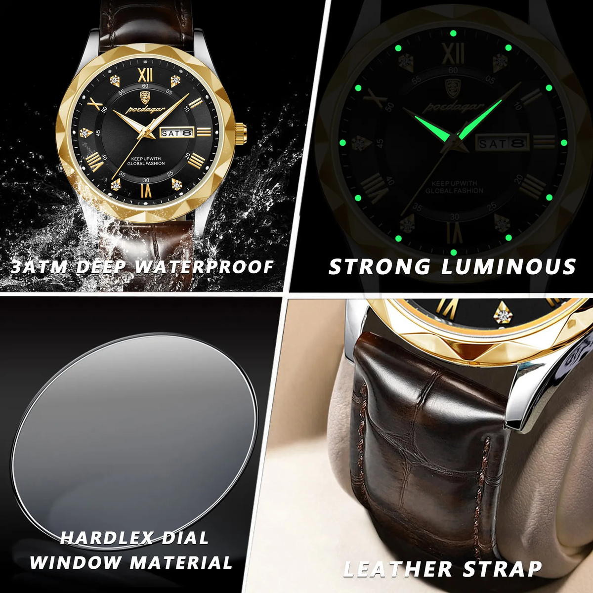 POEDAGAR Luxury Men’s Watch – Leather Strap, Luminous & Waterproof