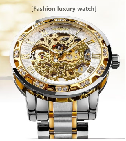 Golden Skeleton Men’s Mechanical Watch – Luminous Hands, Stainless Steel Luxury Timepiece