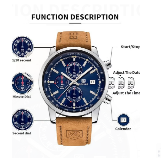 Elegant Men’s Quartz Watch – Blue Dial, Date Display, Faux Leather