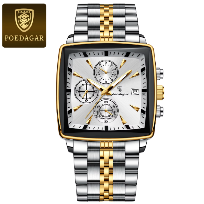 POEDAGAR Original Square Quartz Watch – Stainless Steel Waterproof