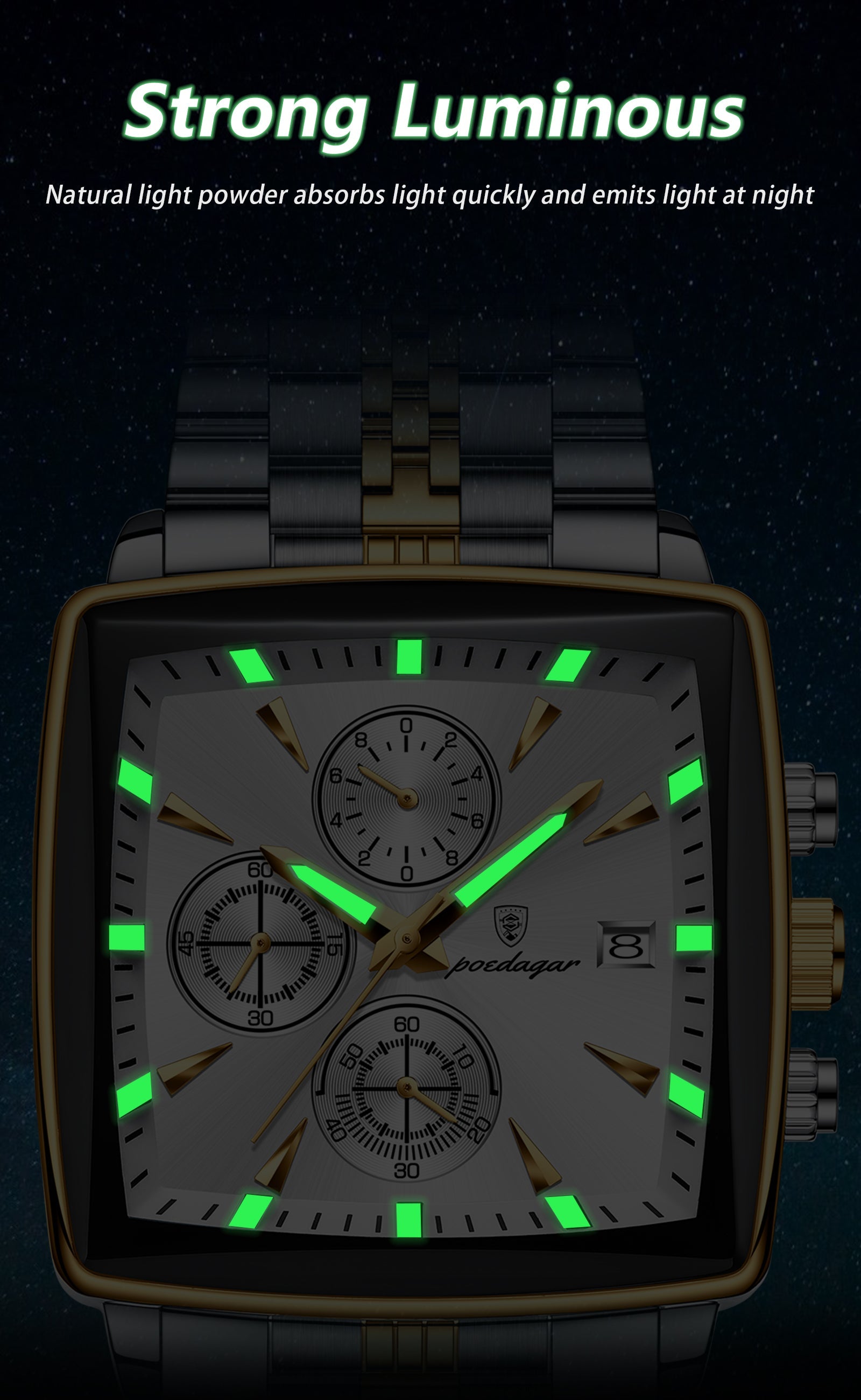 POEDAGAR Original Square Quartz Watch – Stainless Steel Waterproof