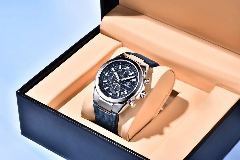 Luxury Men’s Chronograph Watch – Genuine Leather & Waterproof