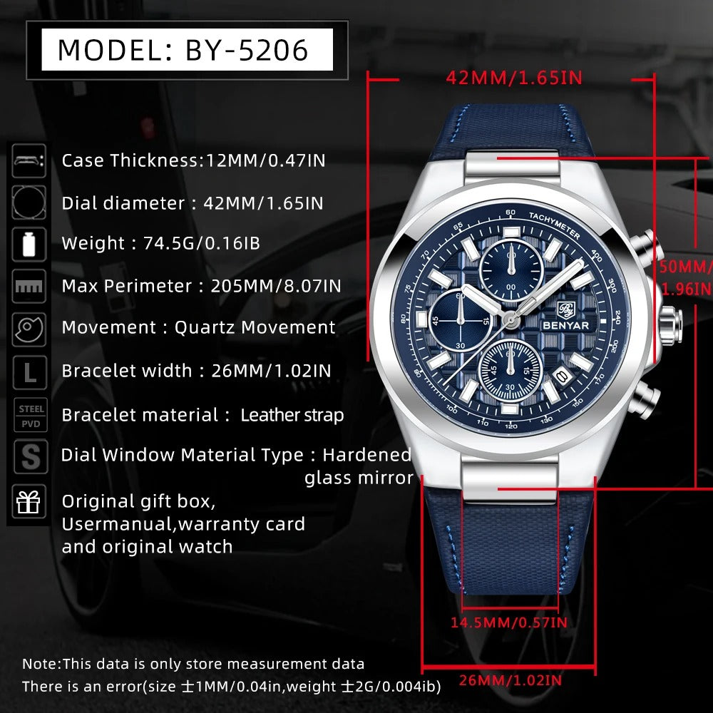 Luxury Men’s Chronograph Watch – Genuine Leather & Waterproof