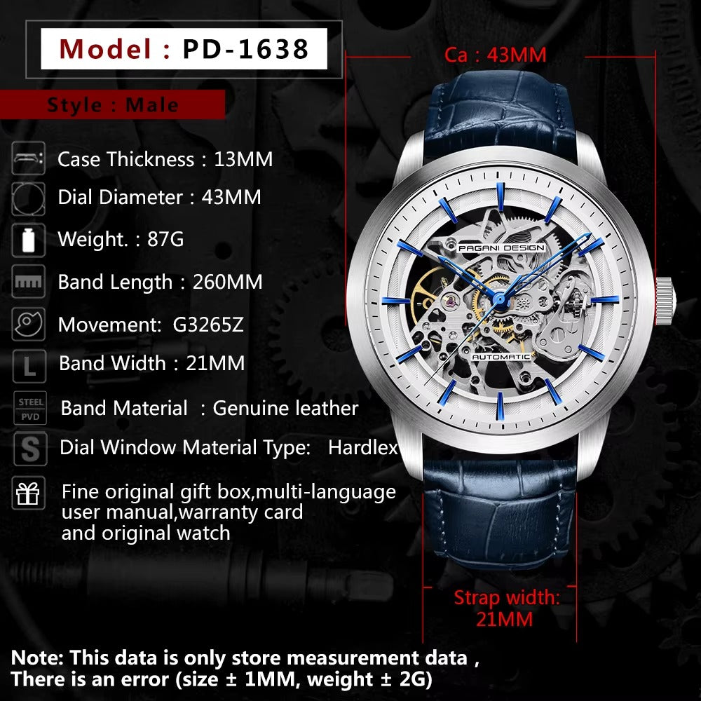 Pagani Design Automatic Skeleton Watch – Blue & Gold, Leather Strap