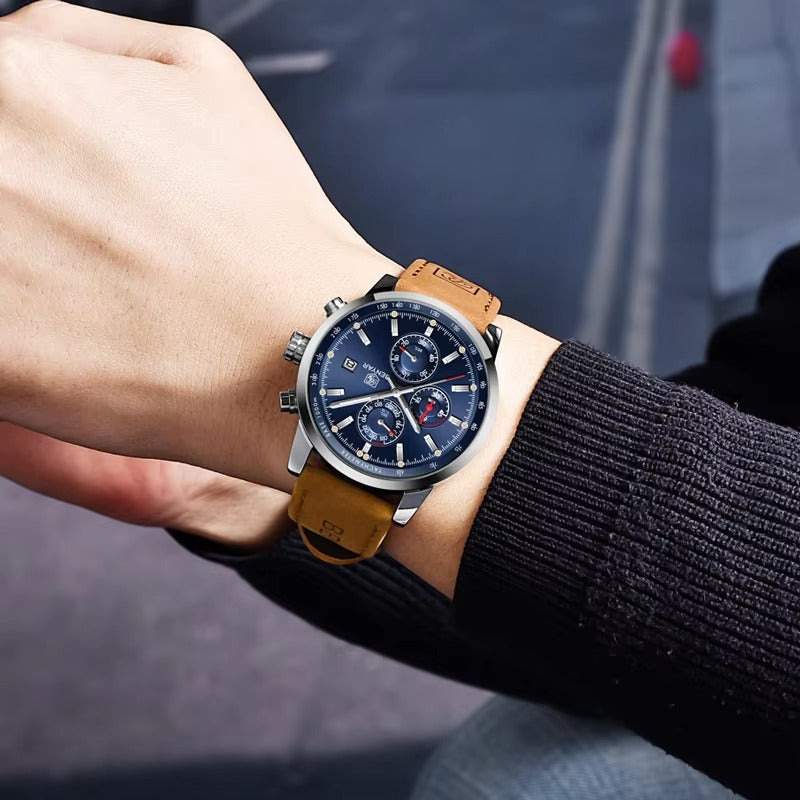 Elegant Men’s Quartz Watch – Blue Dial, Date Display, Faux Leather
