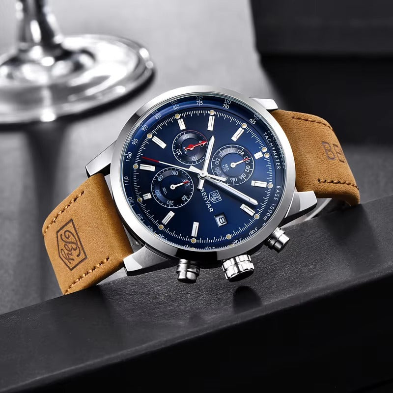 Elegant Men’s Quartz Watch – Blue Dial, Date Display, Faux Leather
