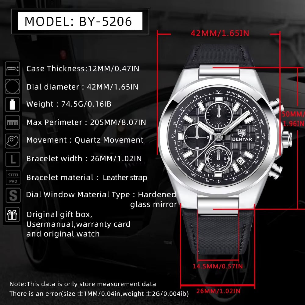 Luxury Men’s Chronograph Watch – Genuine Leather & Waterproof