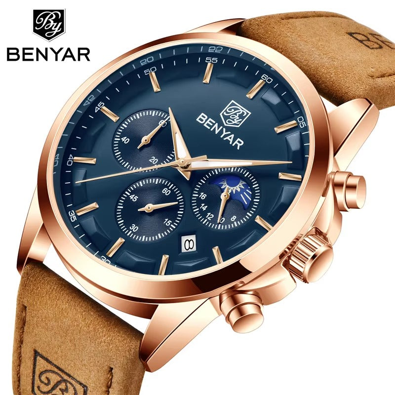 BENYAR Men’s Waterproof Chronograph – Premium Leather Strap Watch