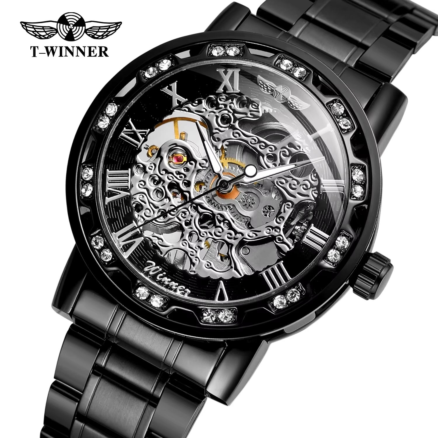 Golden Skeleton Men’s Mechanical Watch – Luminous Hands, Stainless Steel Luxury Timepiece