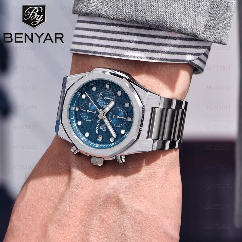 BENYAR Luxury Chronograph – Blue Dial, Stainless Steel Watch