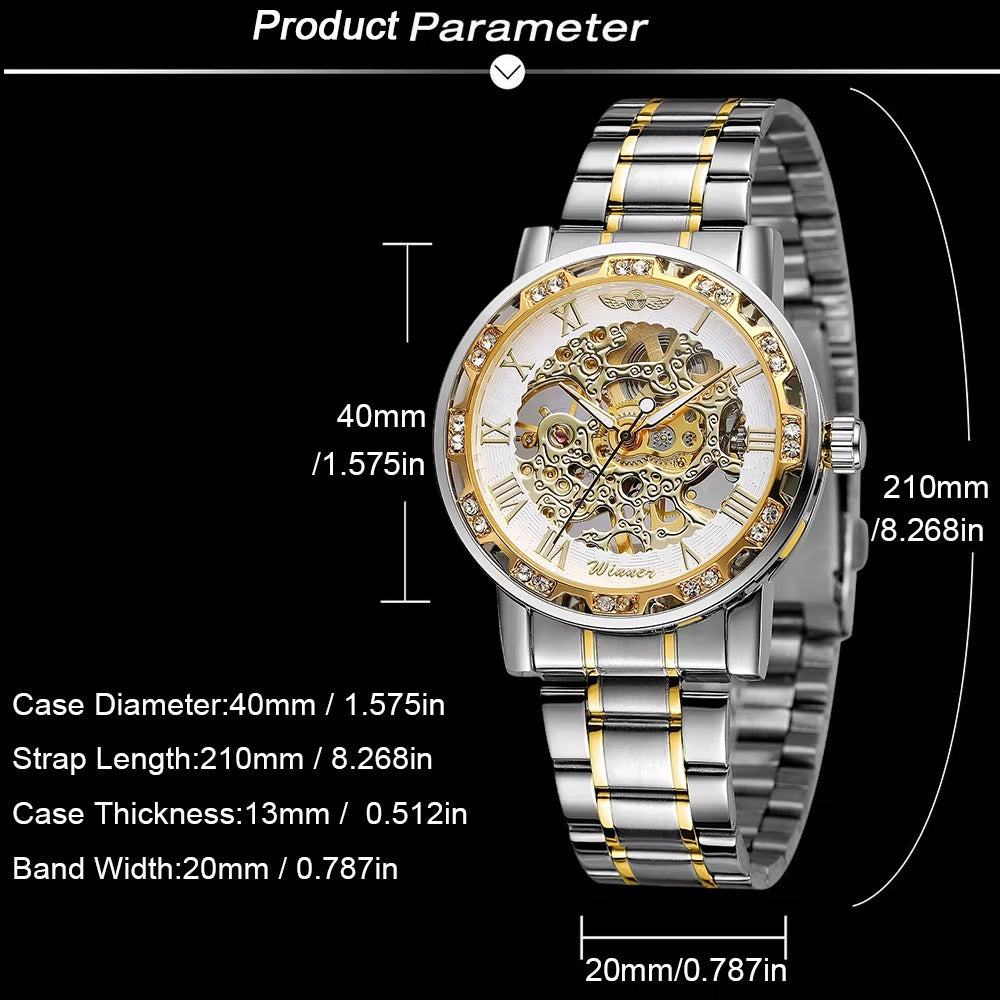 Golden Skeleton Men’s Mechanical Watch – Luminous Hands, Stainless Steel Luxury Timepiece