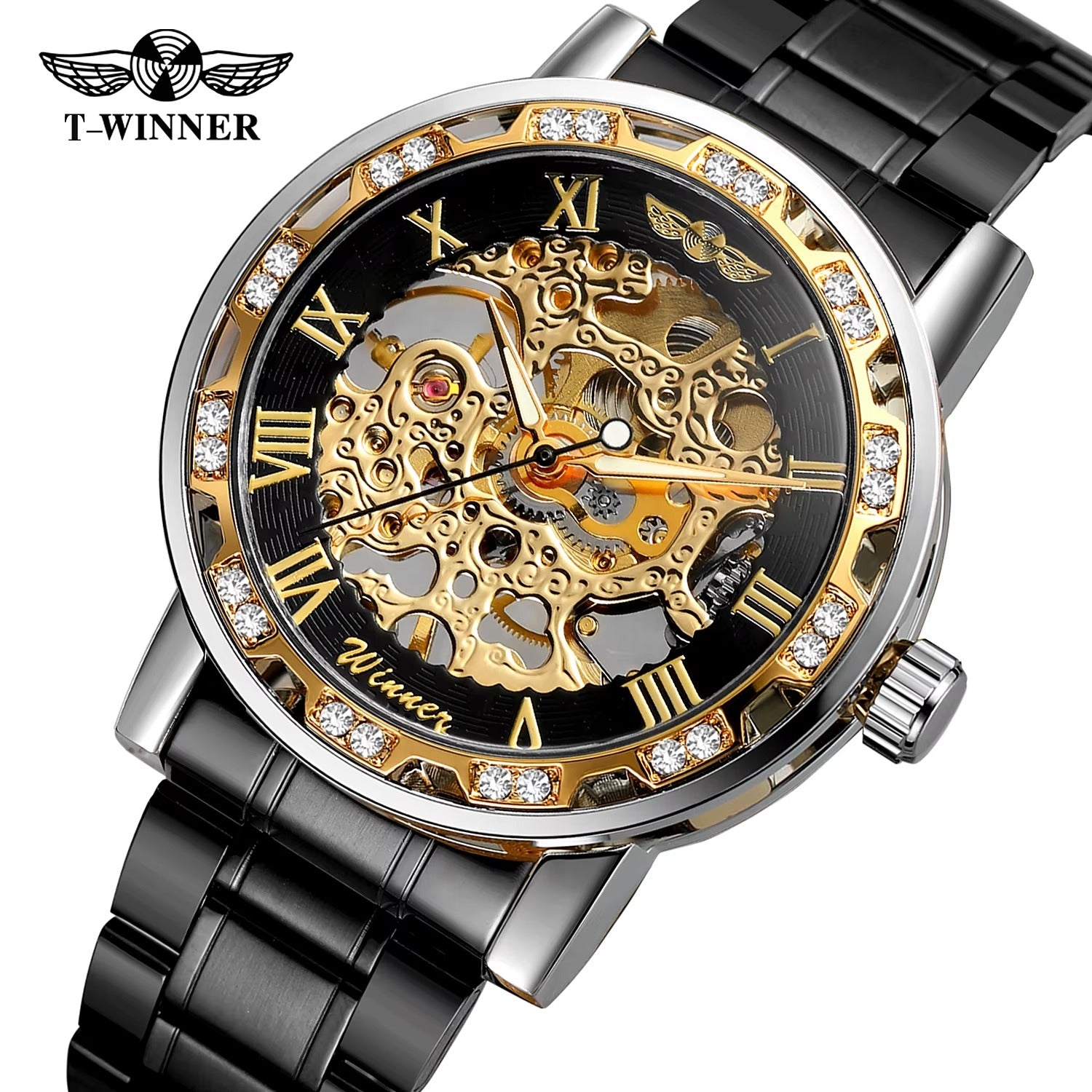 Golden Skeleton Men’s Mechanical Watch – Luminous Hands, Stainless Steel Luxury Timepiece