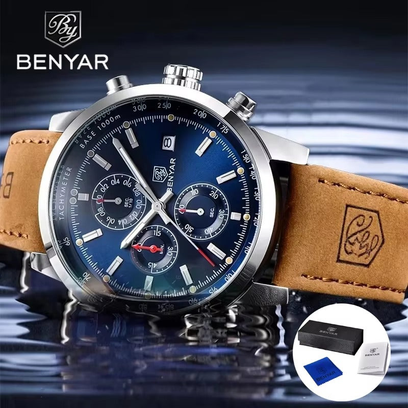 Elegant Men’s Quartz Watch – Blue Dial, Date Display, Faux Leather
