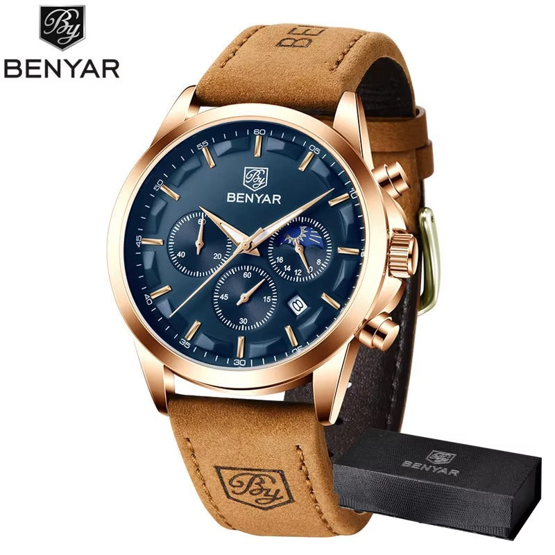 BENYAR Men’s Waterproof Chronograph – Premium Leather Strap Watch