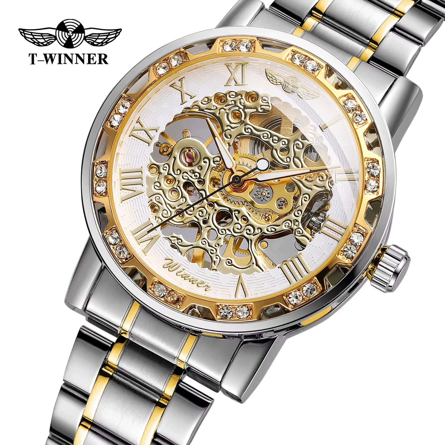 Golden Skeleton Men’s Mechanical Watch – Luminous Hands, Stainless Steel Luxury Timepiece