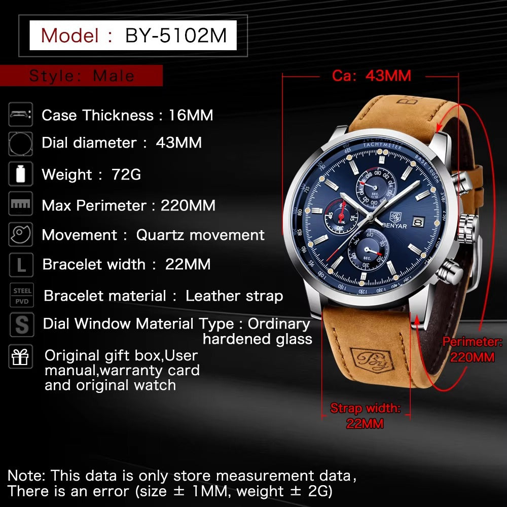 Elegant Men’s Quartz Watch – Blue Dial, Date Display, Faux Leather