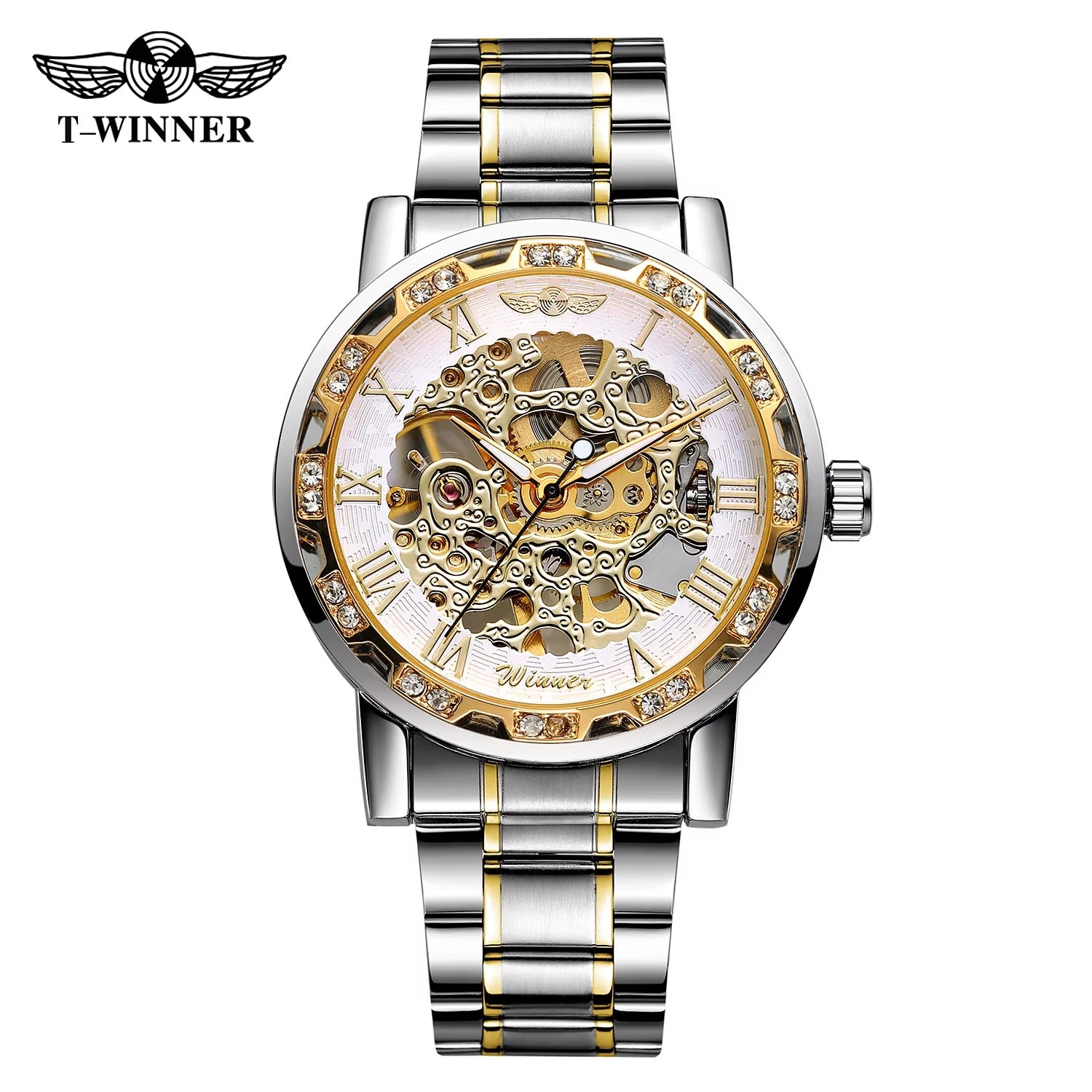 Golden Skeleton Men’s Mechanical Watch – Luminous Hands, Stainless Steel Luxury Timepiece