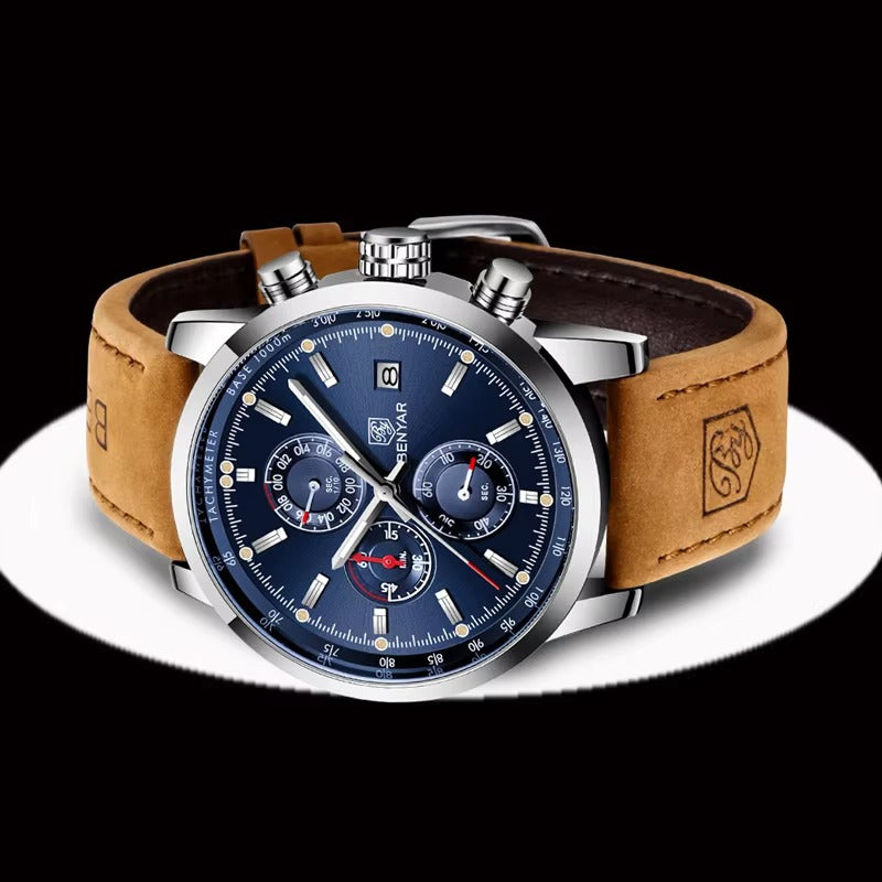 Elegant Men’s Quartz Watch – Blue Dial, Date Display, Faux Leather